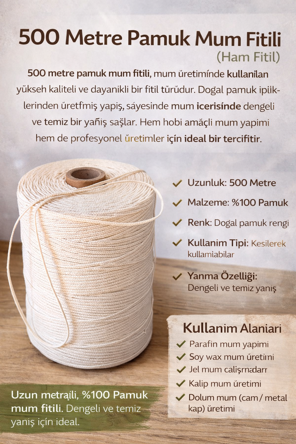 500 Metre Pamuk Mum Fitili (Ham Fitil)