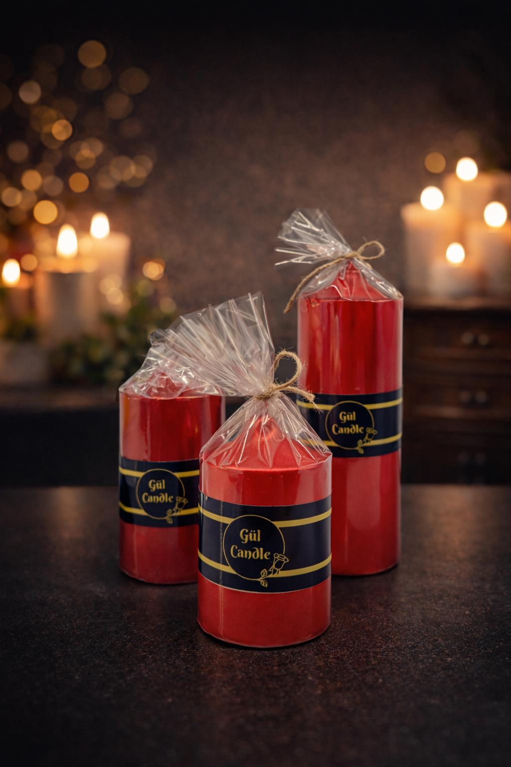 3 lü Set yaldızlı mum kırmızı