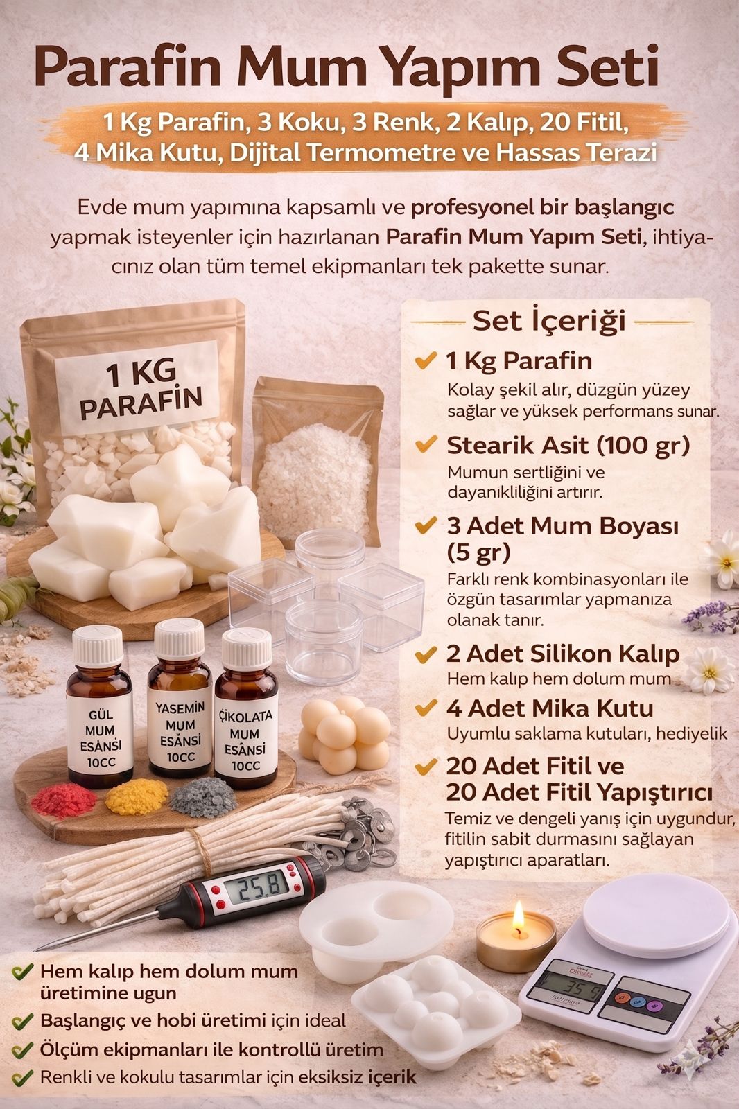 Parafin Mum Yapım Seti – 1 Kg Parafin, 3 Koku, 3 Renk, 3 Kalıp, 40 Fitil, Dijital Termometre ve Hassas Terazi