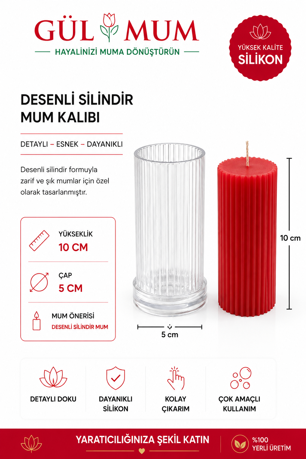 Desenli Silindir Polikarbon Mum Kalıbı çap 5 cm boy 10 cm