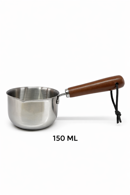 Paslanmaz Çelik Mum Dökme Cezvesi (150 ML / 300 ML / 500 ML) – Ahşap Saplı Mum Yapım Potu