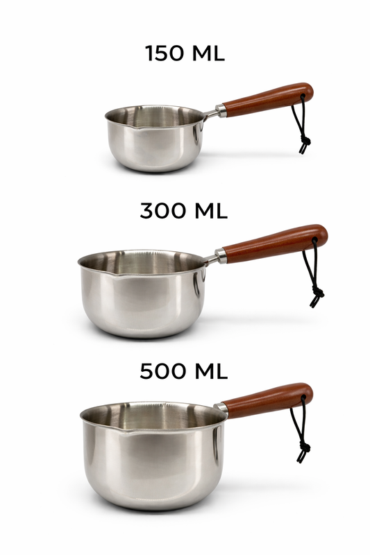 Paslanmaz Çelik Mum Dökme Cezvesi (150 ML / 300 ML / 500 ML) – Ahşap Saplı Mum Yapım Potu