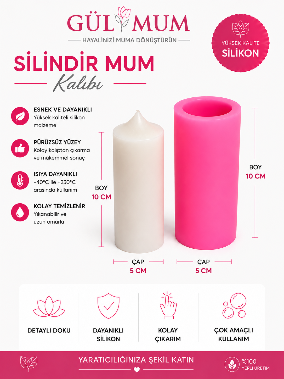 SİLİNDİR MUM KALIP ÇAP 5 CM BOY 10 CM